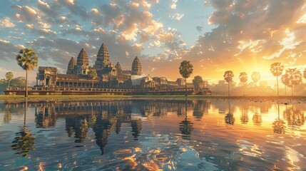 Naklejka premium Angkor Wat Temple Sunrise Reflection Cambodia Travel Asia Architecture