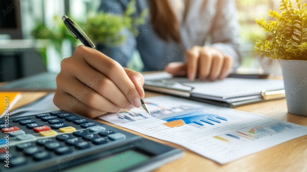 Poster analyzing financial reports with calculator and note