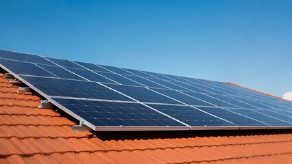 Solar panels installed on a red tiled roof under a clear blue sky.