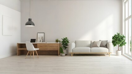 A minimalist living room with a sofa, desk, chair, and plants, lit by natural light.