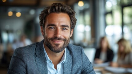 Obraz premium Portrait of a Smiling Man in a Grey Blazer, Sitting in a Modern Office
