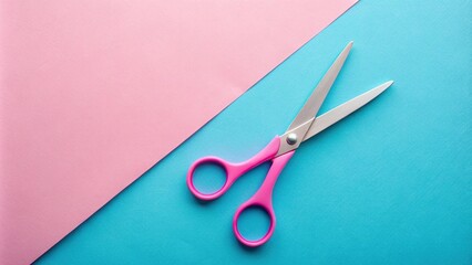 Pink scissor cutting on pastel blue and pink paper