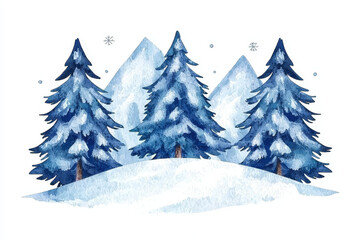 Naklejka premium A snowy landscape featuring three blue pine trees and distant mountains under a serene atmosphere.