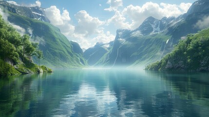 Majestic Mountain Lake Landscape with Lush Greenery and Blue Skies