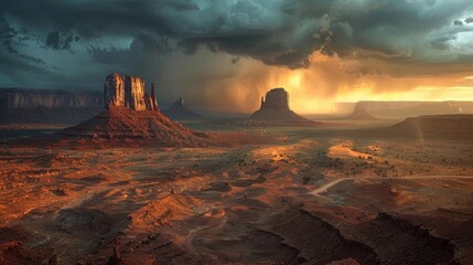 Naklejka premium Dramatic Sunset over Monument Valley with Stormy Clouds