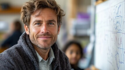 Fototapeta premium Portrait of a middle-aged man with curly brown hair and a beard, wearing a gray sweater, in an office setting.