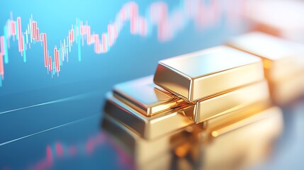 Stacked gold bullion with trend arrows and a fluctuating stock chart overlay, symbolizing the dynamic analysis of gold as a valuable asset