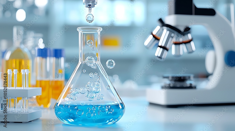 Poster laboratory experiment with blue solution and microscopes