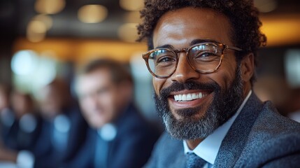 Fototapeta premium Portrait of a Smiling Black Man with a Beard Wearing Glasses