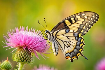 Naklejka premium Pipeline Swallowtail Butterfly Battus philenor on pink thistle at eye level