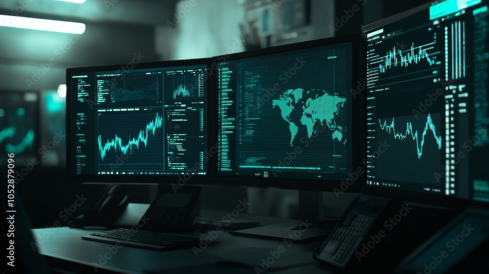 Poster data analysis dashboard in dark office environment