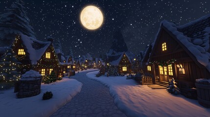 Fototapeta premium A serene winter village under a glowing moon, with snow-covered houses and twinkling lights creating a magical night scenery.