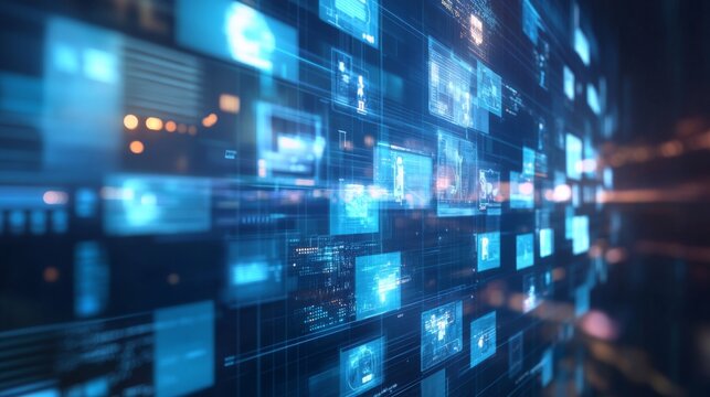 Digital Data Flow with Glowing Screens and Graphics