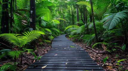 Naklejka premium Winding Wooden Path Through Lush Tropical Rainforest