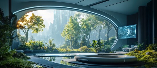 Futuristic living room with a large window overlooking a lush forest.