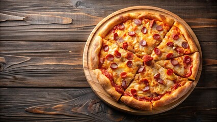 Pizza with paprika cheese and bacon on wooden cutting board from high angle view