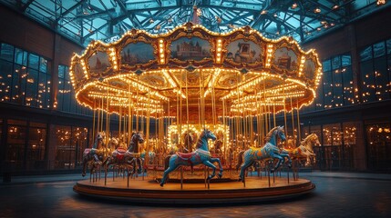 A vintage carousel with colorful horses, lit by warm lights, in a grand space with a glass ceiling.