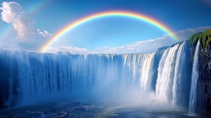 Fototapeta premium Majestic Waterfall with Rainbow and Clouds Nature Photography