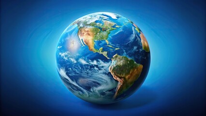 Fototapeta premium Planet Earth on a blue background with blurry lights, high angle