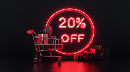 Shopping cart full of gift boxes with glowing neon 20% off sign