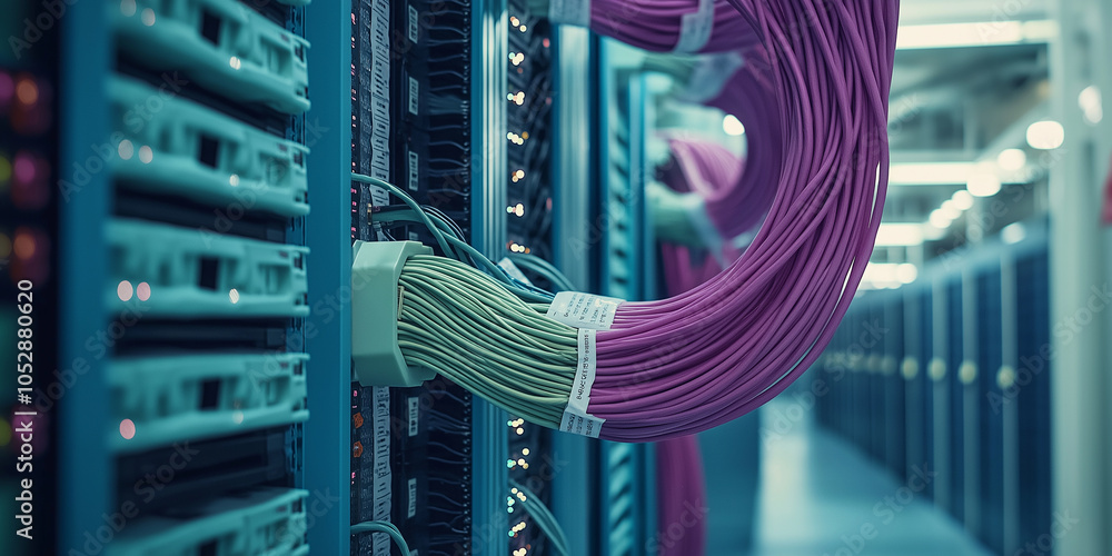 Aufkleber network cables connected to servers in a modern data center