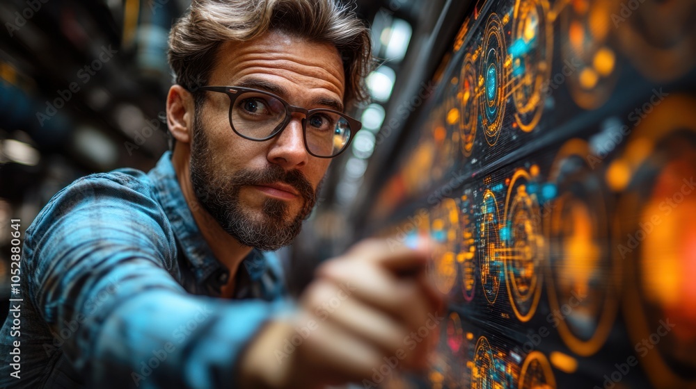 Poster man in glasses examining complex data visualizations