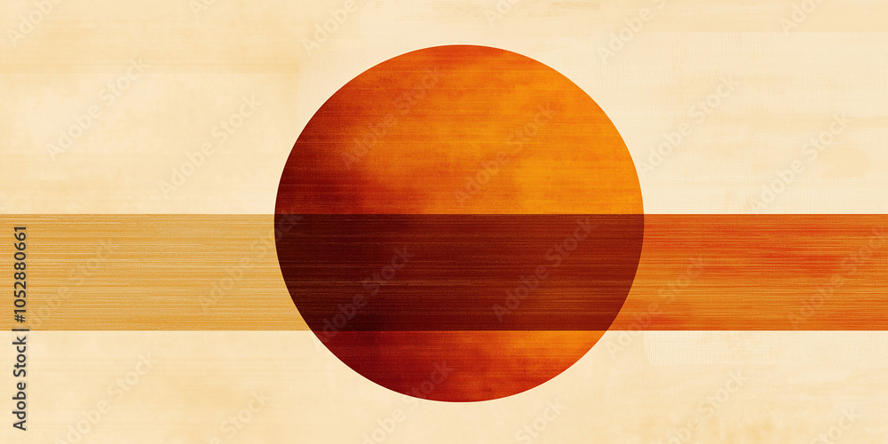 Poster orange circle intersecting brown and beige stripes on textured background