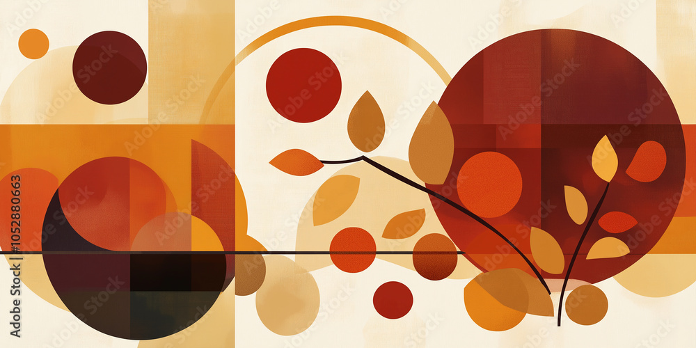 Poster Abstract autumn leaves and geometric shapes creating a warm and inviting scene