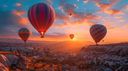 Fototapeta premium Hot Air Balloons Soaring Over Cappadocia at Sunset