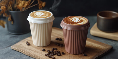 Two disposable coffee cups with latte art on a wooden board with coffee beans