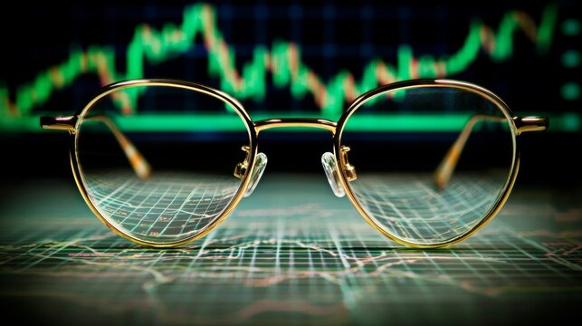Pair of glasses in front of stock charts, symbolizing the need for clarity