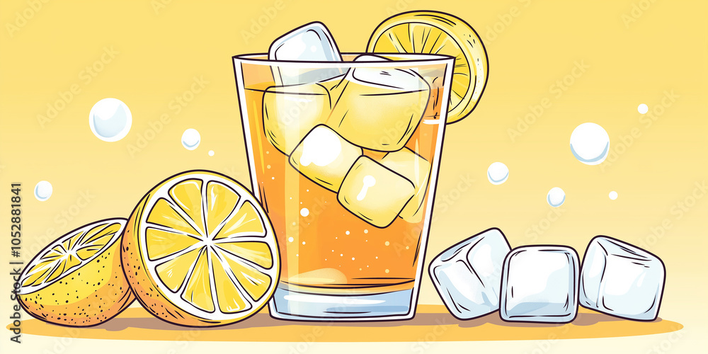Poster refreshing iced tea with lemon slices and ice cubes on yellow background