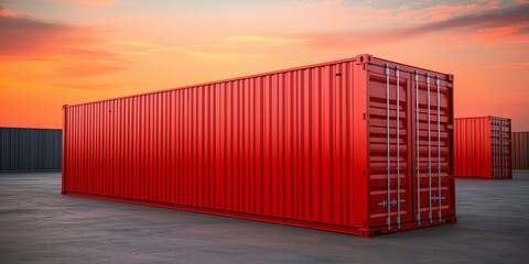 Red shipping containers sitting in container yard at sunset