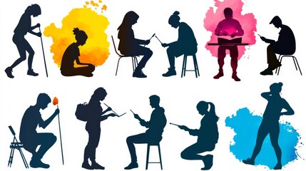 Obraz premium A collage of silhouettes of creative people painting, writing, and crafting, isolated on white background