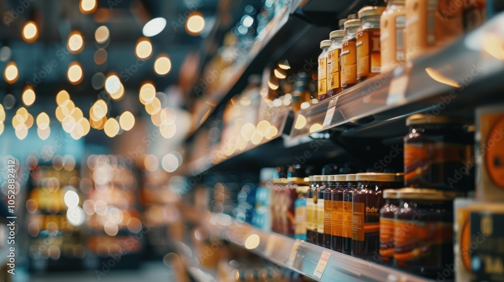 Poster shelves displaying products on a retail background with blurry bokeh lights, ai generated image