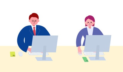 オフィスでスーツを着た男女がPCで仕事に集中しているイラスト