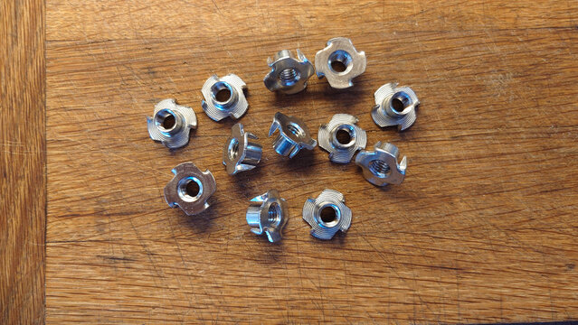 t-nut threaded inserts used for fastening bolts or threaded rod temporarily or permanently to wood 