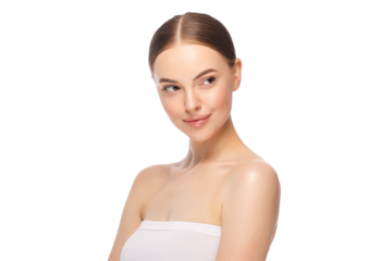 Young beautiful woman with brown eyes posing with naked shoulders, looking away. Beauty skin care cosmetic ads