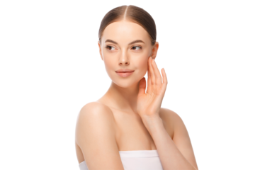 Beauty woman with hand near face looking away. Skincare or cosmetic