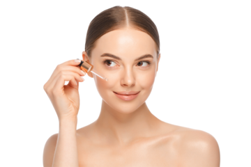 Close-up portrait of young beautiful female holding pipette with cosmetic serum or natural oil near face