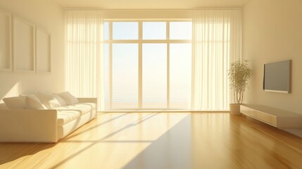Minimalist interiors, clean living room with simple furniture, neutral tones, large window for natural light, promoting calm and elegance, suitable for stock photography,