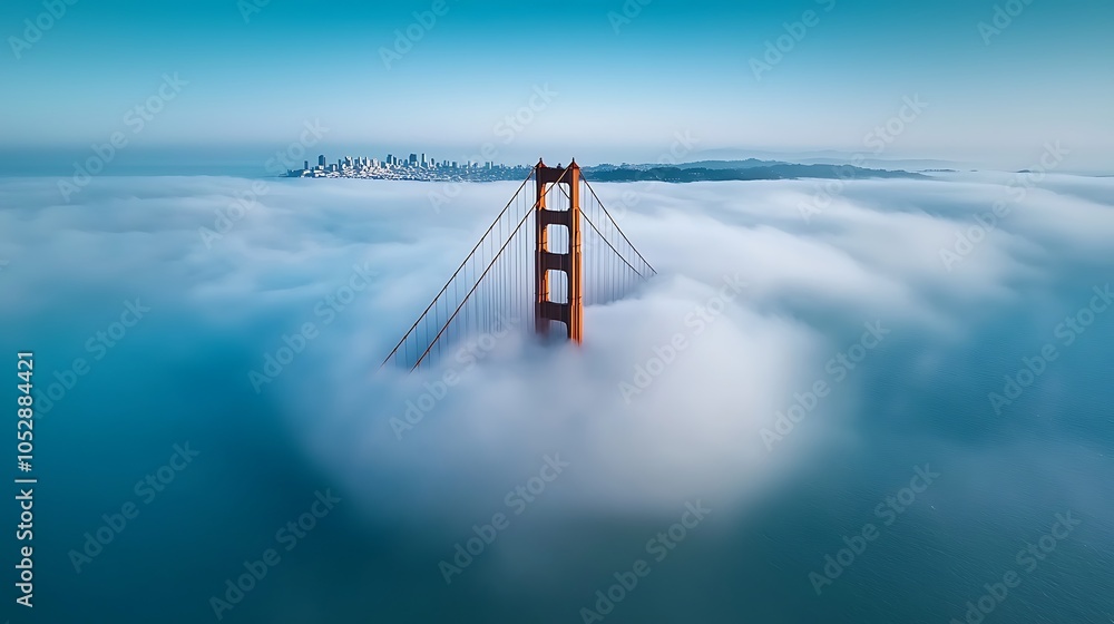 Poster the golden gate bridge enveloped in fog with only the tops of the towers visible