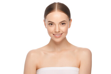Portrait of beauty woman face with brown eyes looking at camera