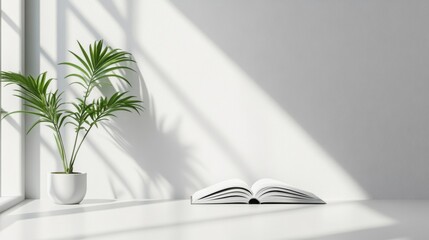 Minimalist reader enjoying a simple book on a clean desk, modern and bright room, focus on simplicity and relaxation, perfect for stock photography,