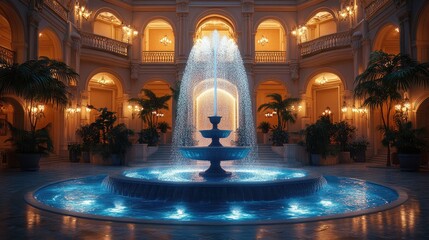 Obraz premium A fountain with cascading water in a grand, illuminated atrium with arches, plants, and a balcony above.