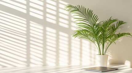 Minimalist workspace, simple desk setup with a laptop and a plant, clean and organized, bright natural light, promoting productivity, stock-ready,