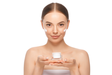 Portrait of young woman holding face cream jar with both hands