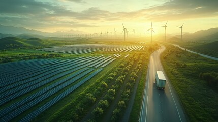 Fototapeta premium Green scenery from the perspective of surreal drones, showcasing solar panels and wind turbines alongside trucks on highways, highlighting renewable energy and sustainability.