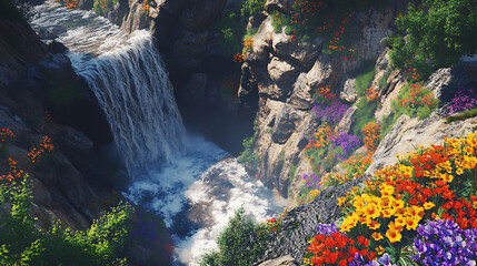 An aerial view of a majestic waterfall flowing over steep rock formations, surrounded by colorful wildflowers and dense vegetation 