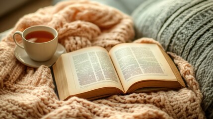 Person reading a book in a cozy living room, warm blanket and cup of tea nearby, soft lighting, focus on relaxation and comfort, perfect for stock photography,